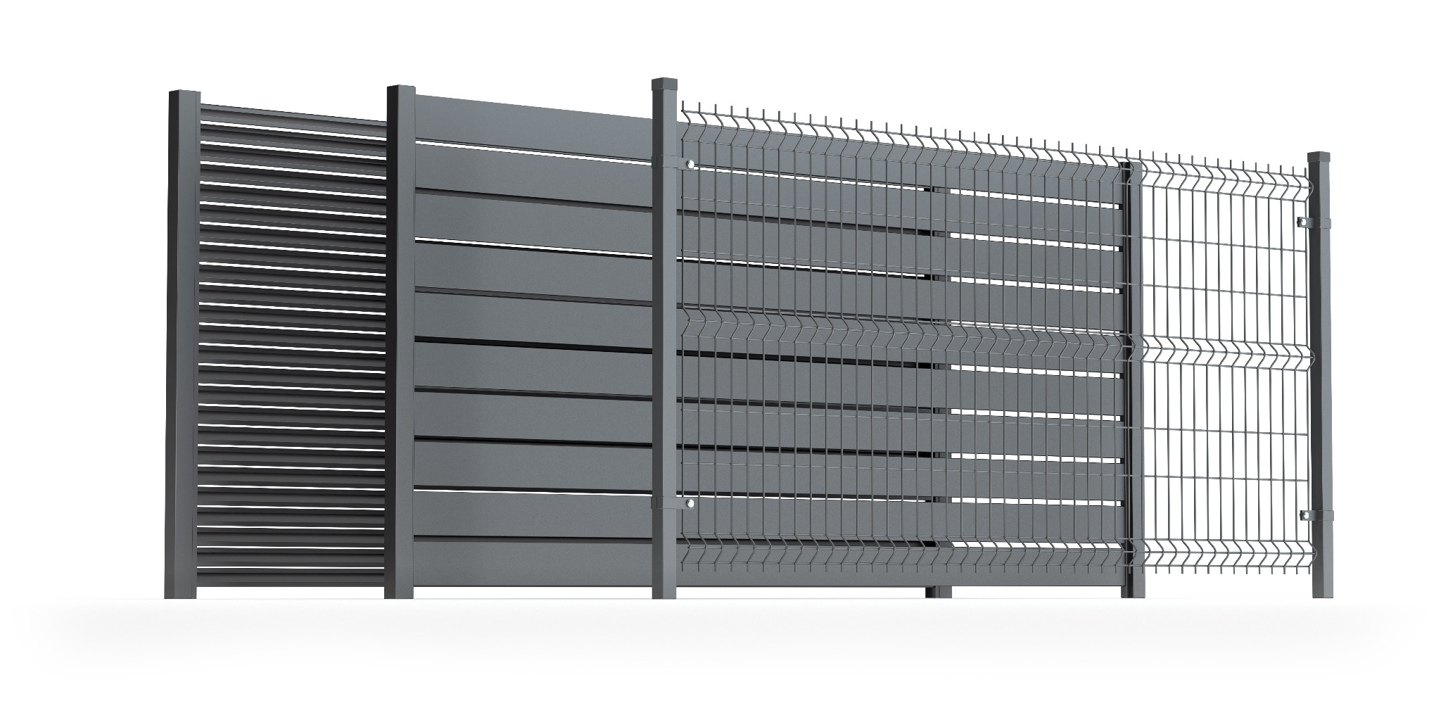 Prezentacja trzech rodzajów nowoczesnych, metalowych ogrodzeń w kolorze antracytowym: żaluzjowe, panelowe z poziomych listew oraz z siatki zgrzewanej, na białym tle.