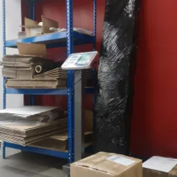 Stojący zapakowany w czarną folię przedmiot obok regału z kartonami i wagą, na podłodze kartonowe paczki.