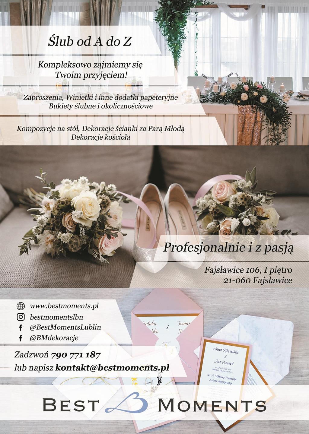 Kolaż reklamowy: dekoracje stołu weselnego, bukiety ślubne leżące obok srebrnych butów, zaproszenia ślubne w różowych kopertach, logo firmy.