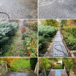 Montaż zdjęć 'przed i po' prezentujący efekt czyszczenia kostki brukowej, ścieżki ogrodowej i schodów kamiennych w otoczeniu zieleni.