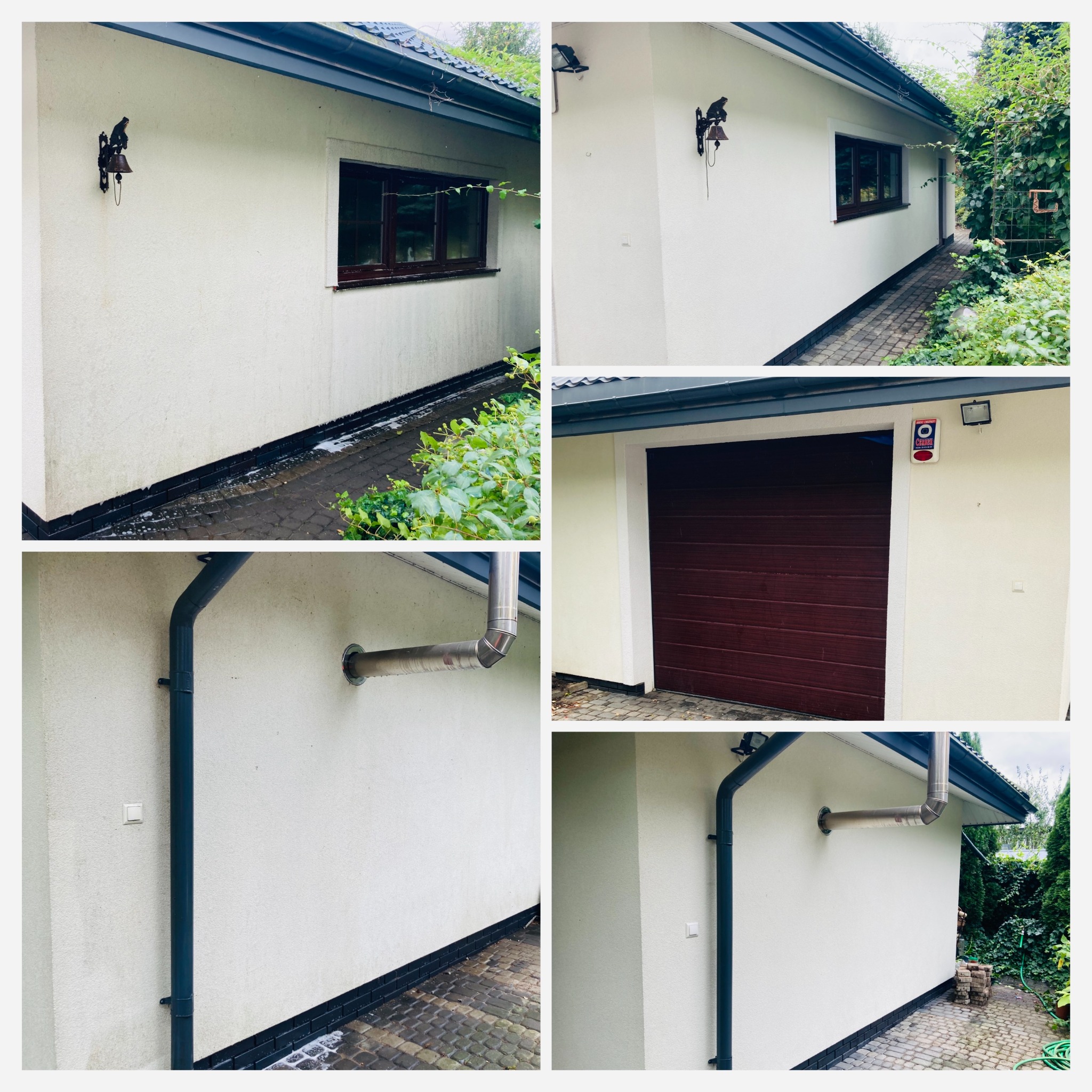 Fragment elewacji budynku z widocznymi śladami po czyszczeniu, z dekoracyjnym dzwonkiem i oknem, kontrastującym z czystą powierzchnią po prawej stronie.