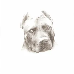 Szkic ołówkiem przedstawiający portret psa rasy pitbull z przyciętymi uszami, z delikatnym cieniowaniem i widocznym podpisem autora w prawym dolnym rogu.