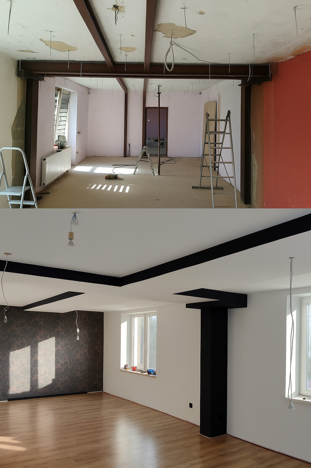 Remont pokoju: zestawienie stanu surowego z wykończonym wnętrzem. Widoczne zmiany w suficie, ścianach i podłodze. Nowoczesny design z elementami dekoracyjnymi.