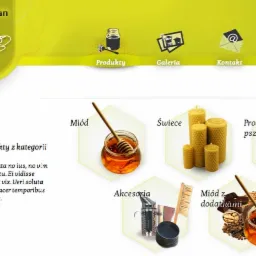 Zrzut ekranu strony internetowej sklepu z produktami pszczelarskimi: miód, świece z wosku, akcesoria pszczelarskie, z menu nawigacyjnym u góry i układem produktów w heksagonalnych ramkach.