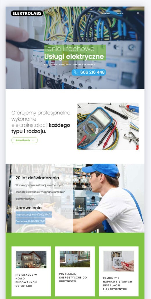Strona internetowa firmy Elektrolabs prezentująca usługi elektryczne, z widocznymi elementami instalacji elektrycznych, miernikiem i zdjęciami realizacji.