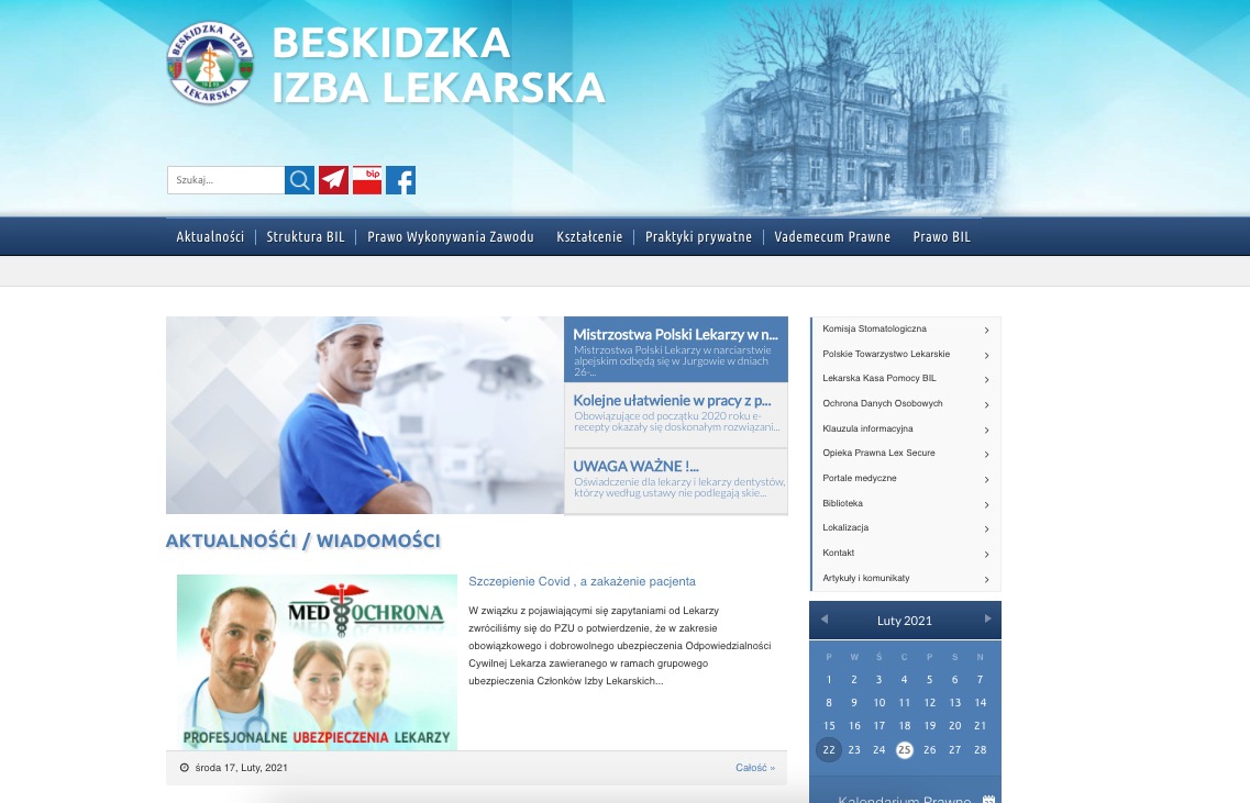 Widok strony internetowej Beskidzkiej Izby Lekarskiej, z menu nawigacyjnym, aktualnościami i kalendarzem, prezentujący jej strukturę i zawartość.