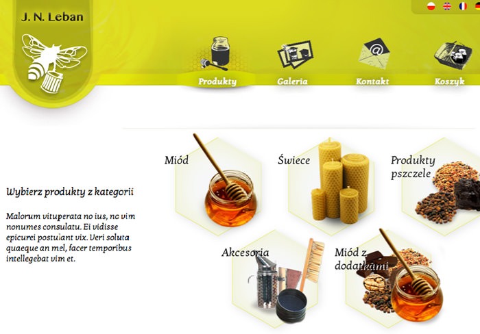 Zrzut ekranu strony internetowej sklepu z produktami pszczelarskimi: miód, świece z wosku, akcesoria pszczelarskie, z menu nawigacyjnym u góry i układem produktów w heksagonalnych ramkach.