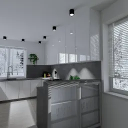 Wizualizacja nowoczesnej kuchni z białymi, lakierowanymi szafkami, szarym blatem i przeszkloną wyspą, oświetlona punktowymi lampami sufitowymi, z widokiem na zimowy krajobraz za oknem.