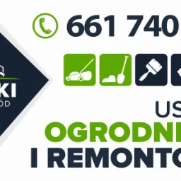 Logo firmy 'Rajski Dom & Ogród' z numerem telefonu i ikonami usług ogrodniczych i remontowych.