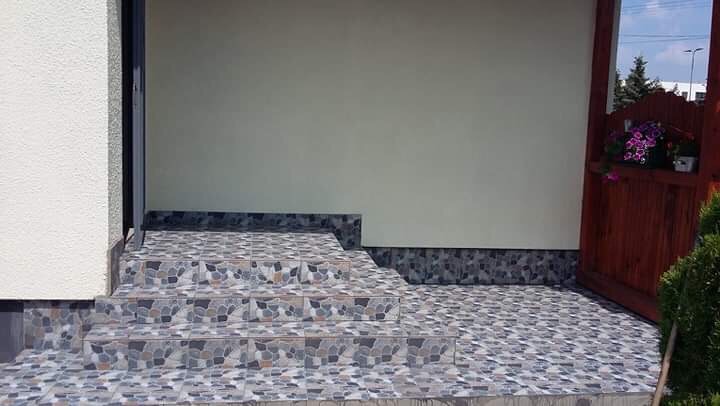 Wyłożone mozaiką schody wejściowe do domu, prowadzące do drewnianych drzwi z kwiatami w doniczce, z widokiem na fragment ogrodu.