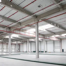 Wnętrze nowej hali produkcyjno-magazynowej z betonowymi słupami, stalową konstrukcją dachu, czerwonymi rurami instalacji przeciwpożarowej i jasnymi ścianami z bramami segmentowymi.