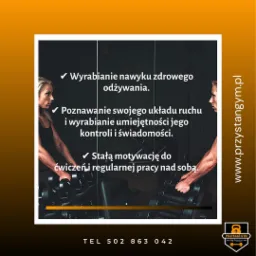 Grafika reklamowa siłowni Przystań Gym z hasłami o zdrowym odżywianiu, poznawaniu układu ruchu i motywacji do ćwiczeń, z sylwetkami ćwiczących kobiet i rzędem hantli w tle.
