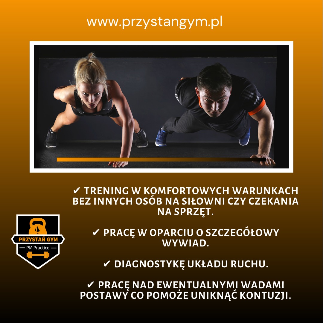 Kobieta i mężczyzna wykonują pompki na siłowni, oboje patrzą w obiektyw, w tle logo i hasła reklamowe siłowni.