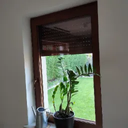 Brązowe okno z zamkniętą roletą, przez szybę widać zielony trawnik i drzewa, na parapecie stoi czarna doniczka z kwiatem oraz metalowa konewka.