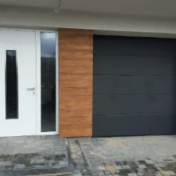 Nowoczesna fasada domu z antracytową bramą garażową segmentową, białymi drzwiami wejściowymi z przeszkleniem i drewnopodobnym panelem dekoracyjnym