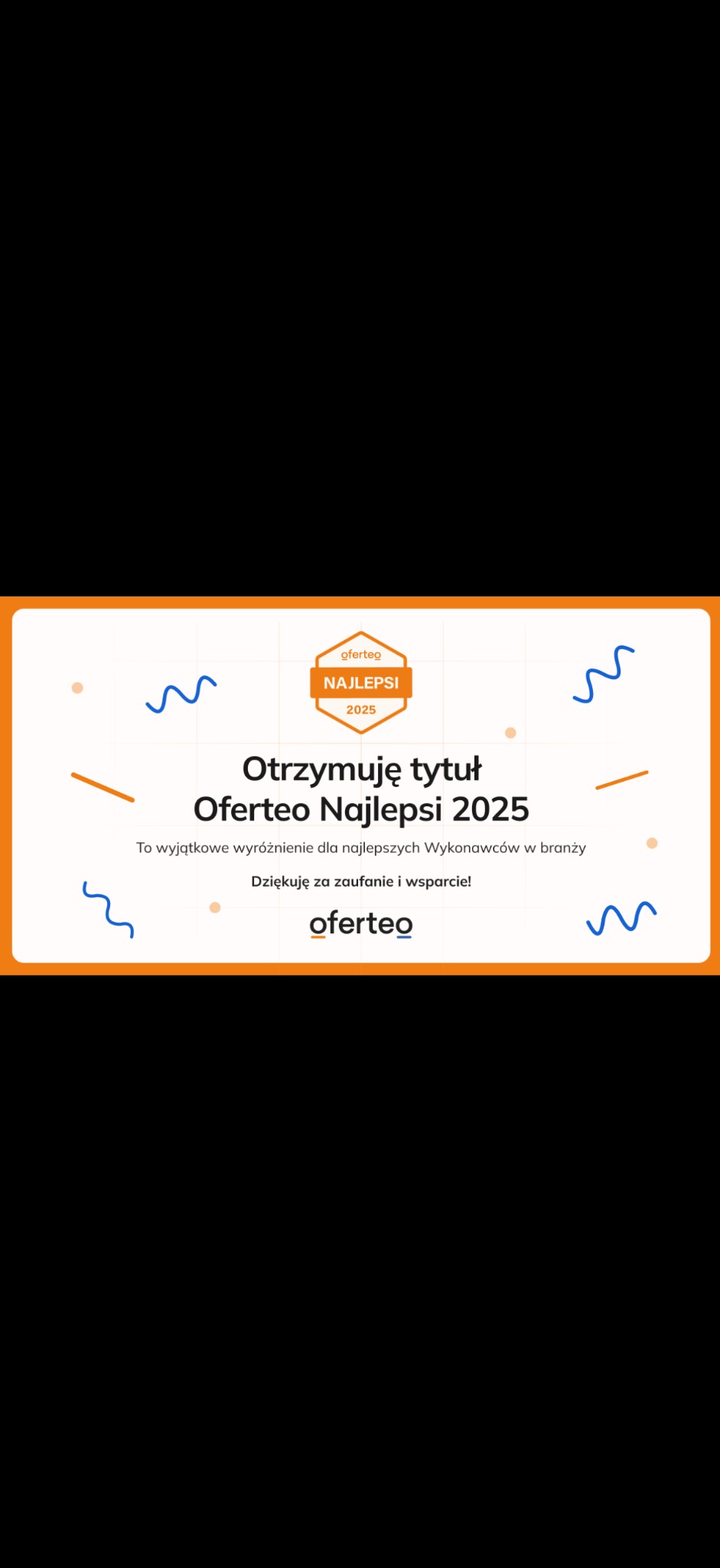 Grafika z logotypem Oferteo Najlepsi 2025, informująca o otrzymaniu tytułu dla najlepszych wykonawców. Podziękowanie za zaufanie i wsparcie. Pomarańczowe tło.