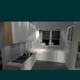 Wizualizacja 3D nowoczesnej, białej kuchni z drewnianymi akcentami, czarnym zlewem i płytą grzewczą, na której stoi garnek. W tle okno z żaluzjami i doniczka z rośliną.