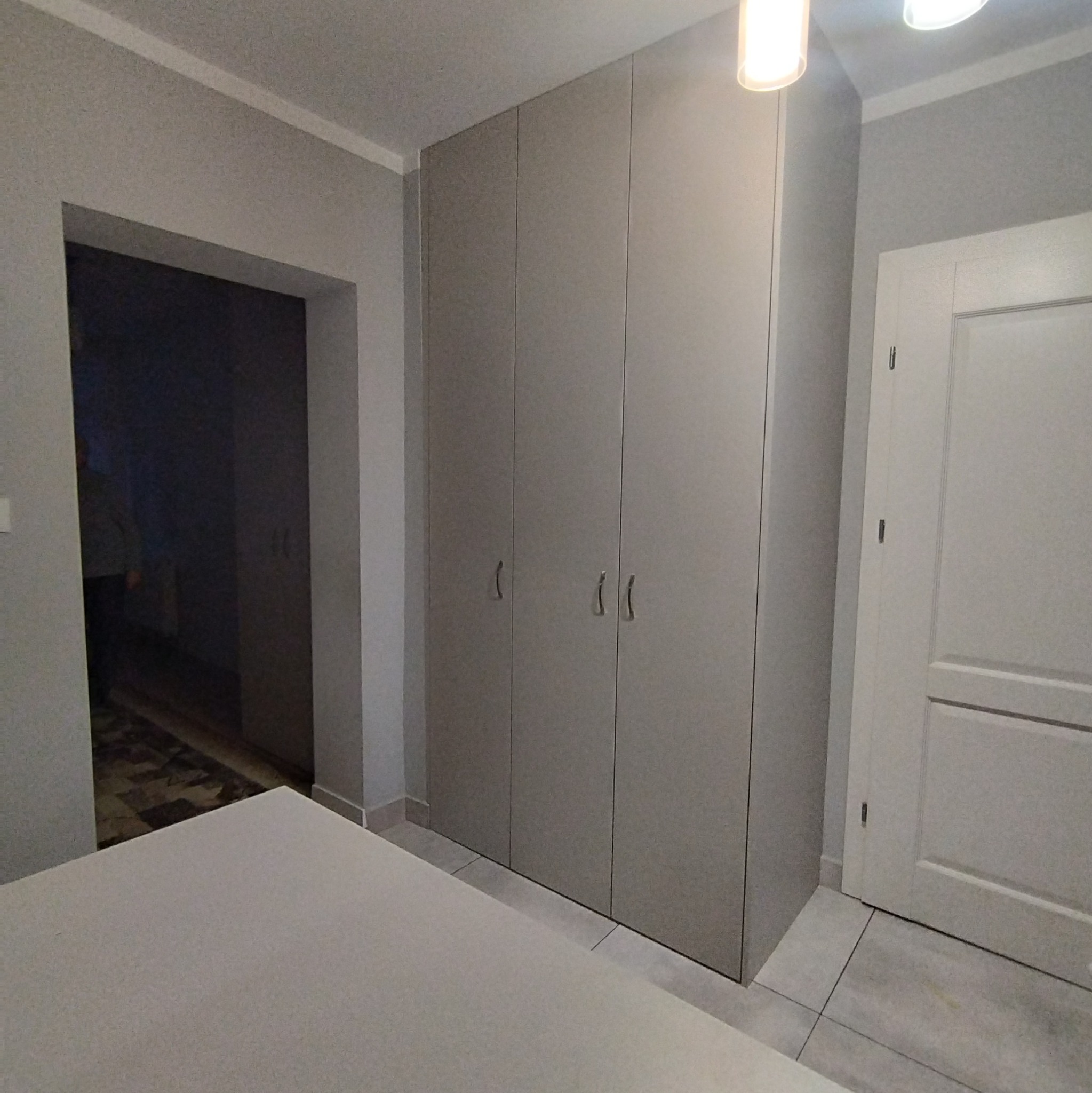 Szara zabudowa szafy z trzema drzwiami z uchwytami, dopasowana do wnętrza z białą stolarką drzwiową i widocznym wejściem do innego pomieszczenia.