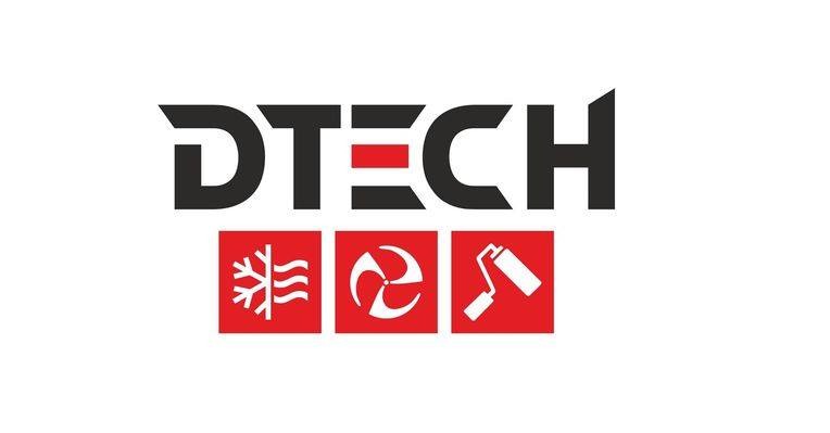 Logo firmy DTECH z symbolami: płatek śniegu/chłodzenie, wentylator i wałek malarski na czerwonych kwadratach pod nazwą firmy.