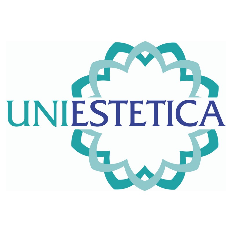 Logo firmy Uniestetica z motywem kwiatowym w odcieniach błękitu i granatu na białym tle.