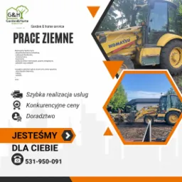 Grafika reklamowa firmy ogrodniczej z żółtą koparko-ładowarką Komatsu w trakcie prac ziemnych, obok ułożone rolki trawy, w tle dom jednorodzinny i drzewa.
