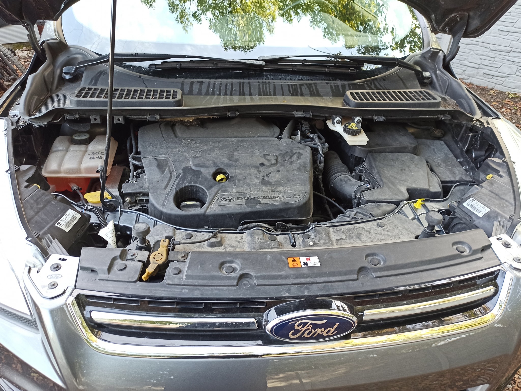 Otwarta maska szarego samochodu Ford, widoczny zakurzony silnik Duratorq TDCi, zbliżenie na atrapę chłodnicy z logo Forda.