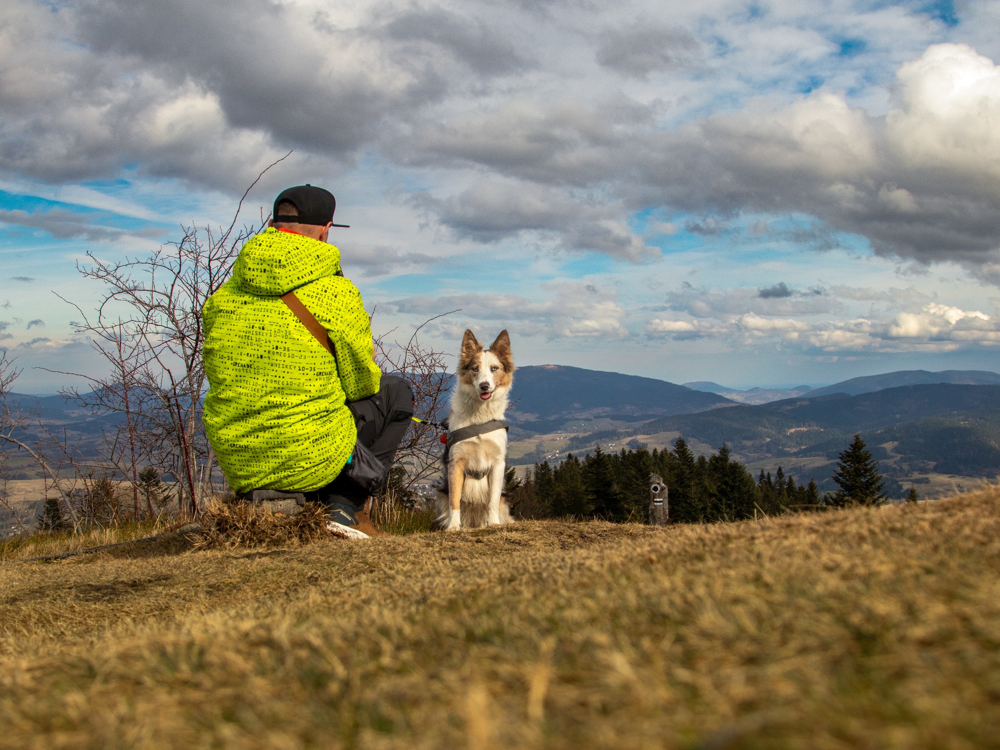 Mężczyzna w neonowej kurtce i czapce siedzi na wzgórzu obok psa rasy border collie, w tle rozległy krajobraz górski pod błękitnym niebem z chmurami.