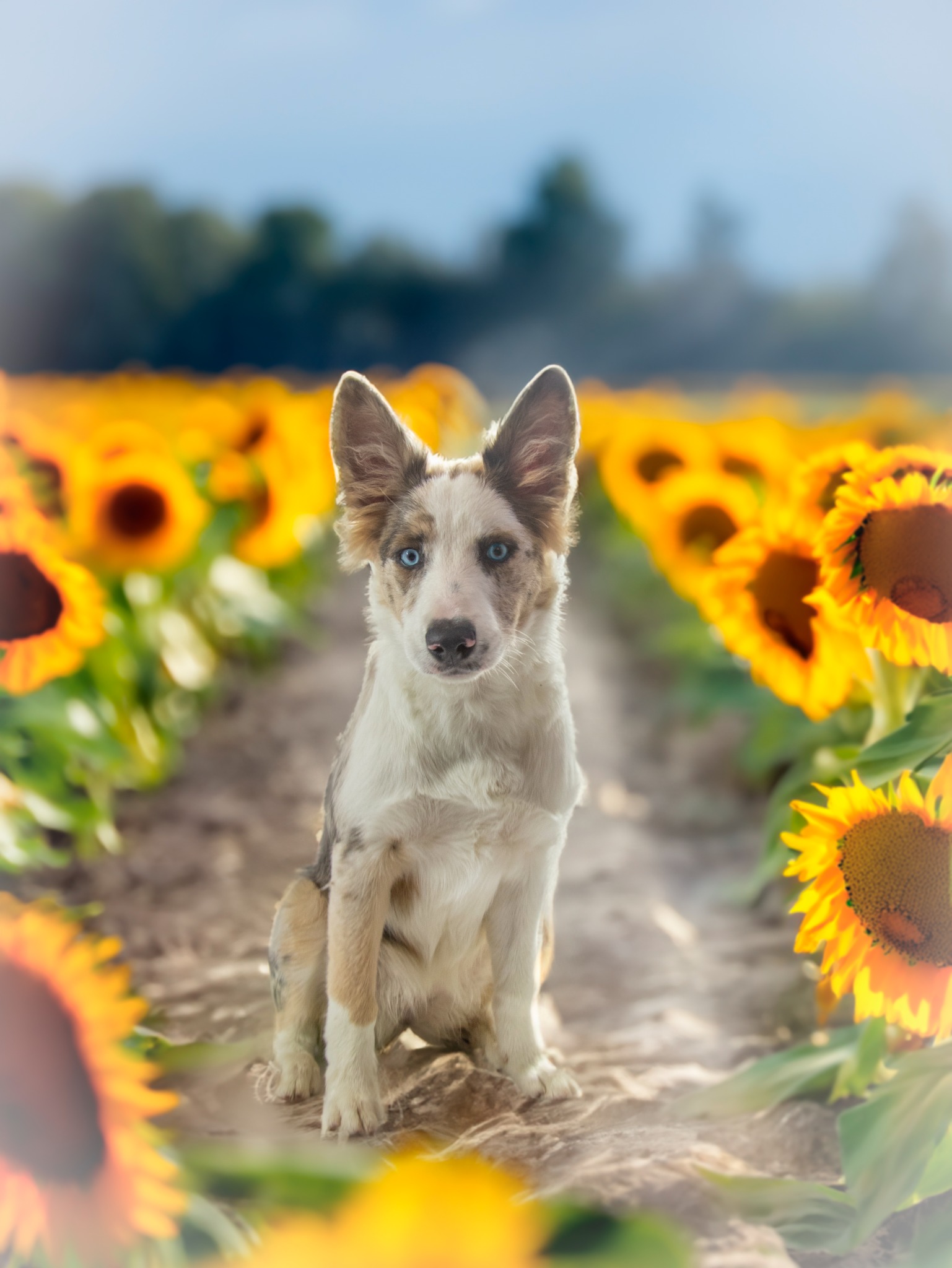 Border Collie o niebieskich oczach siedzi na ścieżce pośród kwitnących słoneczników w słoneczny dzień.