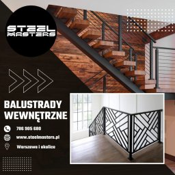 Steel Masters - Projekt graficzny prezentujący schody z drewnianymi stopniami i metalową balustradą oraz balustradę wewnętrzną z geometrycznym wzorem, na tle informacji kontaktowych firmy.