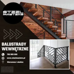 Projekt graficzny prezentujący schody z drewnianymi stopniami i metalową balustradą oraz balustradę wewnętrzną z geometrycznym wzorem, na tle informacji kontaktowych firmy.