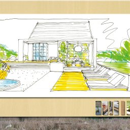 Szkic koncepcyjny przebudowy domu i ogrodu na Mazurach