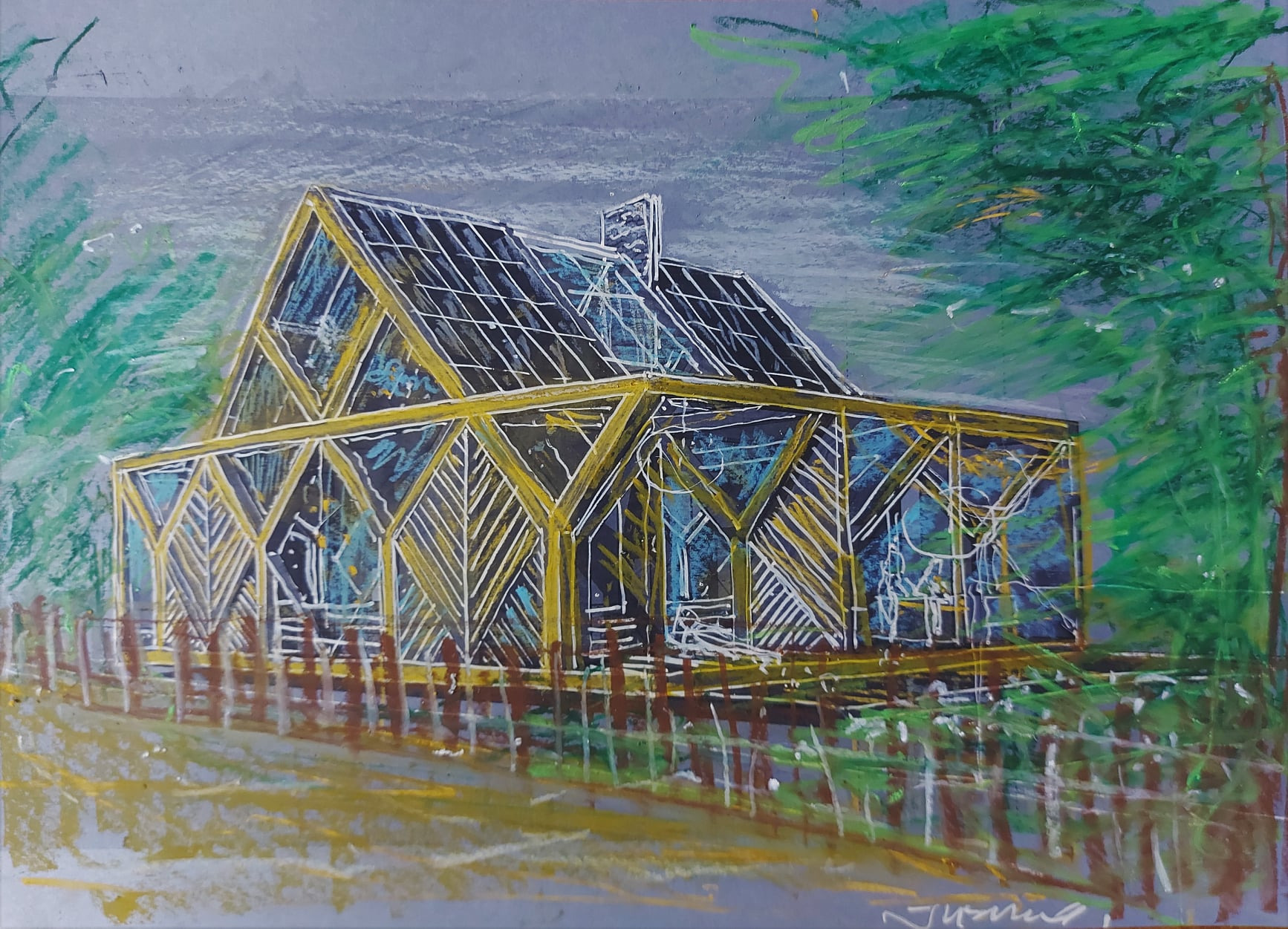 Koncepcyjny szkic domu wakacyjnego z lat 80. z charakterystyczną konstrukcją szkieletową, wykonany techniką mieszaną na szarym tle, otoczony stylizowanymi drzewami i płotem.