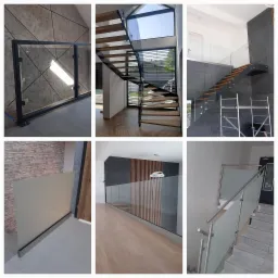 Zestawienie zdjęć przedstawiających różne realizacje balustrad szklanych i schodów: balustrada z czarną ramą na tle ściany z geometrycznym wzorem, schody spiralne z drewnianymi stopniami i szklaną...