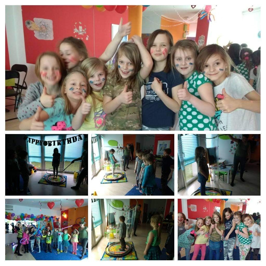 Kolaż zdjęć z urodzin dla dzieci: grupa uśmiechniętych dziewczynek z pomalowanymi twarzami, zabawy z animatorem w bańce mydlanej, dekoracje balonowe i urodzinowy napis.