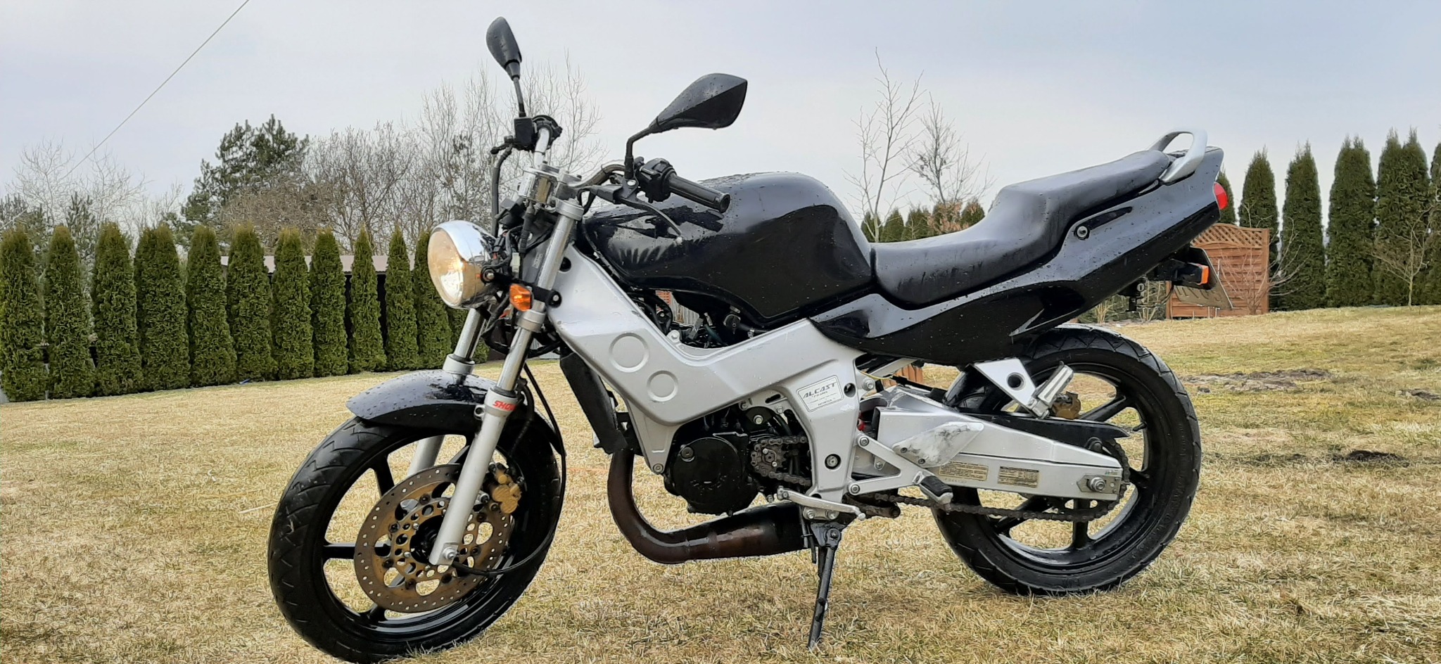 Czarny motocykl typu naked bike, zaparkowany na trawniku przed tujami, z włączonym przednim światłem, widoczne ślady deszczu.