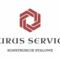 Logo firmy Taurus Services specjalizującej się w konstrukcjach stalowych, z geometrycznym symbolem w kolorze ceglastym powyżej nazwy.