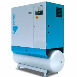 Stacjonarny kompresor śrubowy z zbiornikiem buforowym, obudowa w kolorze białym i błękitnym, wyprodukowany w Niemczech.