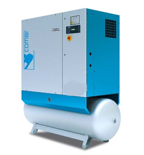 Stacjonarny kompresor śrubowy z zbiornikiem buforowym, obudowa w kolorze białym i błękitnym, wyprodukowany w Niemczech.