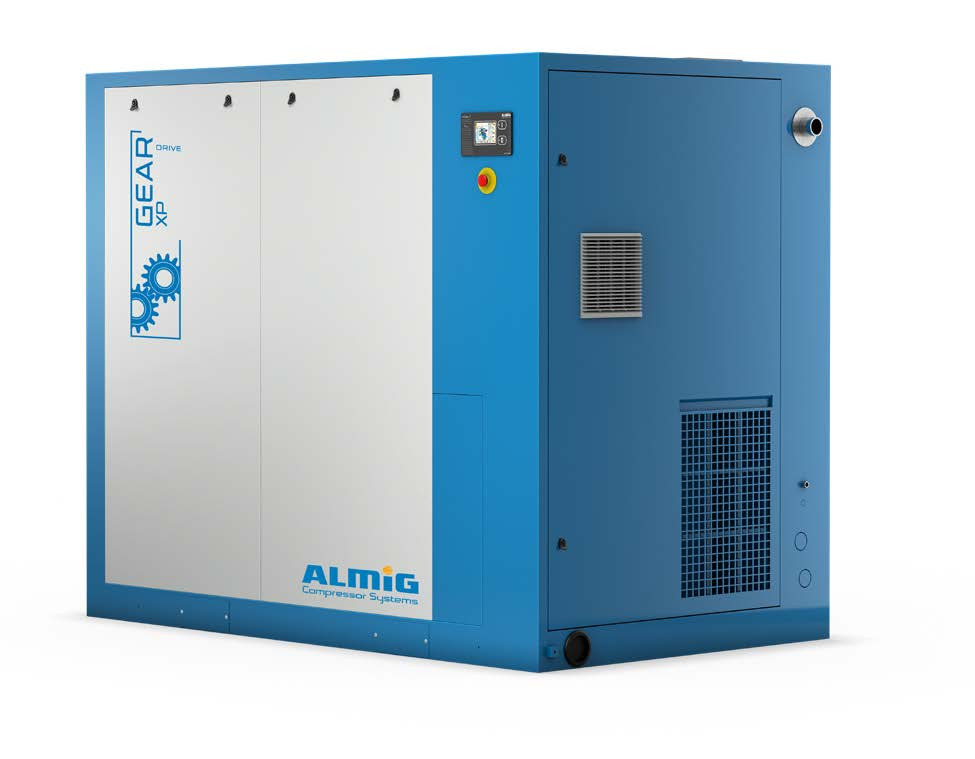 Niebiesko-biała obudowa przemysłowego kompresora z logo ALMIG Compressor Systems, widoczne panele sterowania i kratki wentylacyjne.