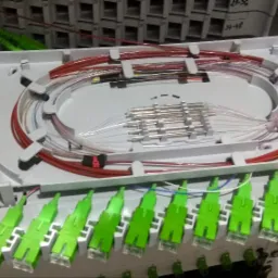 Rozdzielnica światłowodowa z zielonymi złączkami i uporządkowanymi kablami światłowodowymi wewnątrz obudowy.