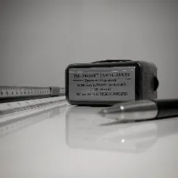 Czarno-białe zdjęcie biurka projektanta z trójkątną podziałką, pieczątką firmową 'PM-PROJEKT Paweł Amon' oraz długopisem, odbijające się w błyszczącej powierzchni.