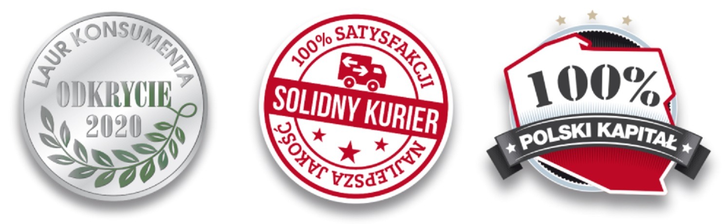 Zestaw certyfikatów i odznaczeń: Laur Konsumenta Odkrycie 2020, 100% Satysfakcji Solidny Kurier, 100% Polski Kapitał.