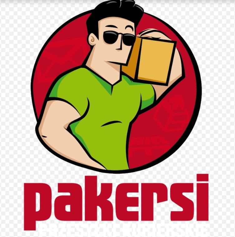Ilustracja przedstawia logo firmy transportowej: muskularny mężczyzna w okularach przeciwsłonecznych trzymający paczkę na tle czerwonego koła, poniżej czerwony napis 'pakersi'.