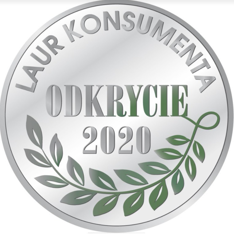 Srebrna odznaka 'Laur Konsumenta - Odkrycie 2020' z zielonym wieńcem laurowym u dołu.