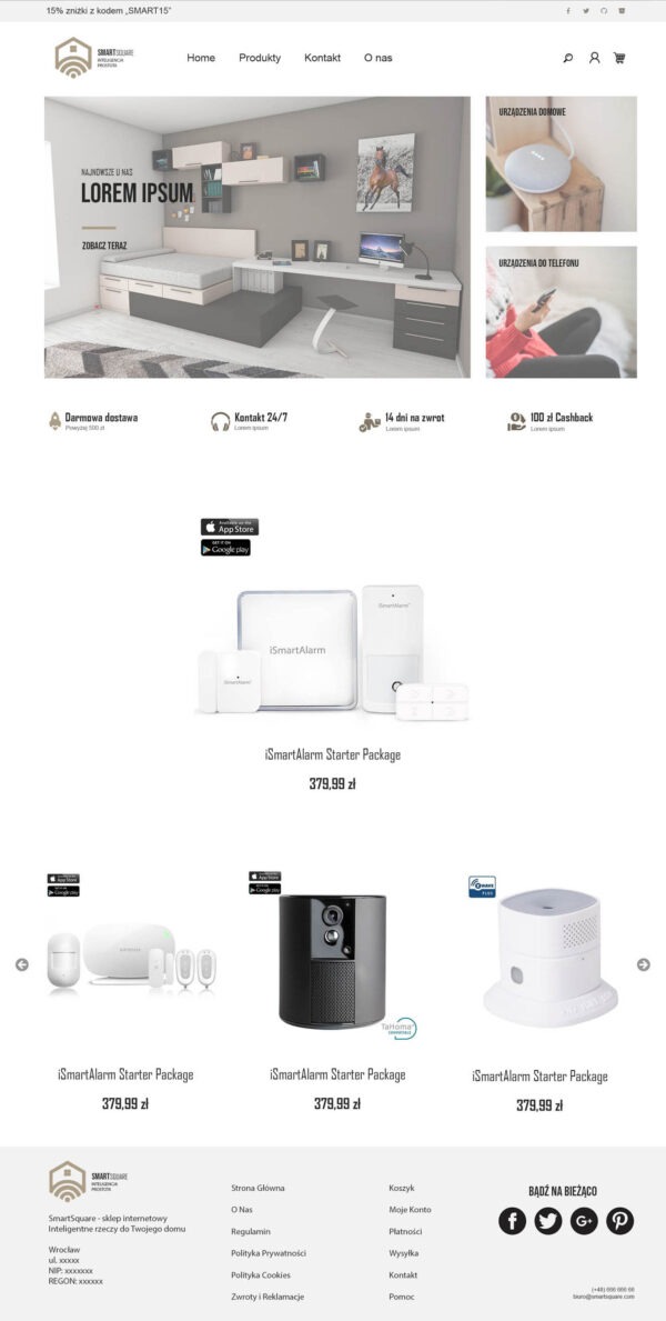 Strona internetowa sklepu SmartSquare prezentująca systemy inteligentnego domu, widoczne menu nawigacyjne, slider z aranżacją pokoju oraz oferta starter packów iSmartAlarm.