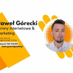 Paweł Górecki, oferta tworzenia stron internetowych i marketingu online, dane kontaktowe i adres strony internetowej, portret mężczyzny w okręgu z motywem dłoni.