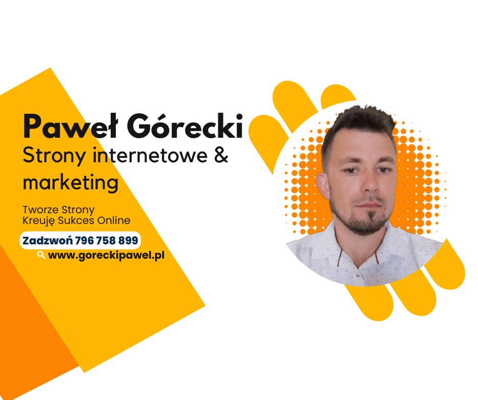 Paweł Górecki, oferta tworzenia stron internetowych i marketingu online, dane kontaktowe i adres strony internetowej, portret mężczyzny w okręgu z motywem dłoni.