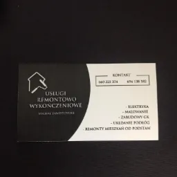 Wizytówka firmy remontowo-wykończeniowej Michała Zawistowskiego, oferującej usługi elektryczne, malowanie, zabudowy GK, układanie podłóg i remonty mieszkań od podstaw, z podanymi numerami...