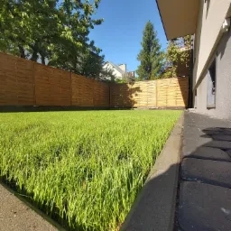 Świeżo założony trawnik przylegający do budynku z szarą elewacją, oddzielony obrzeżem betonowym od ciemnej kostki brukowej, otoczony drewnianym płotem w słoneczny dzień.