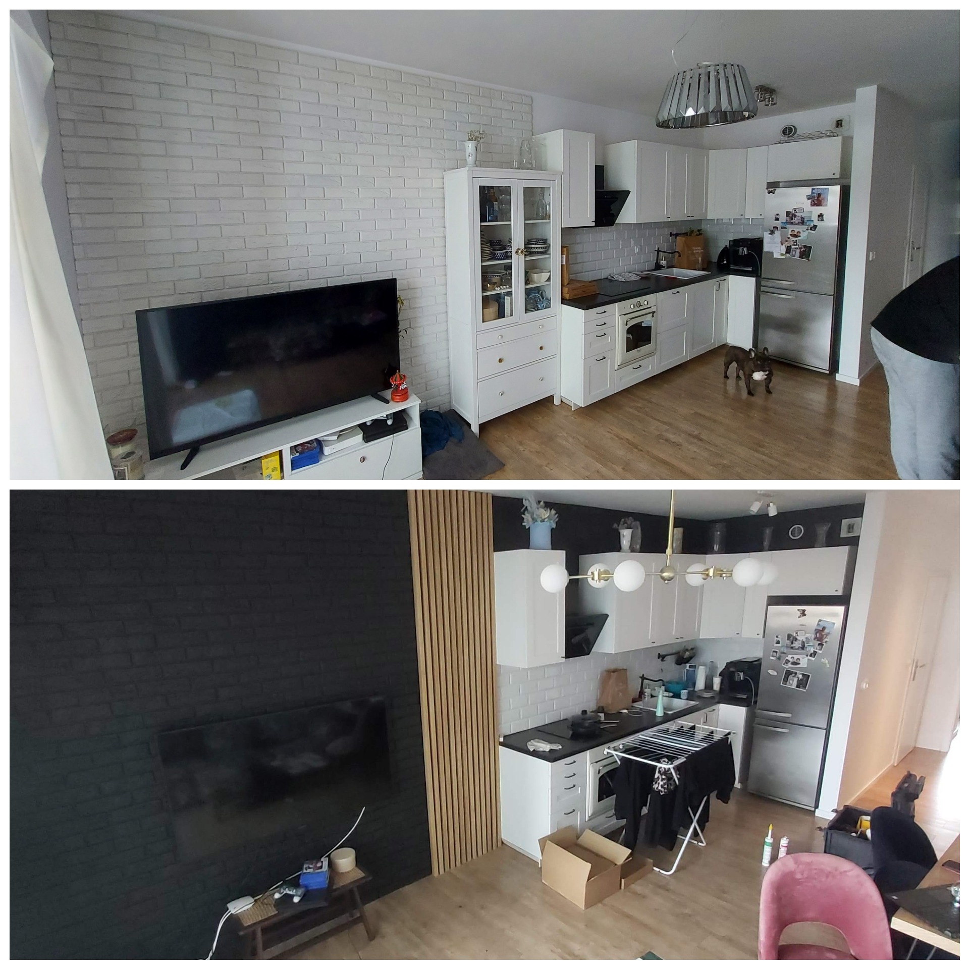 Porównanie salonu z aneksem kuchennym przed i po zmianie koloru ściany z cegły na czarno. Na górnym zdjęciu ściana jest biała, a na dolnym czarna, widoczne zmiany w wystroju.